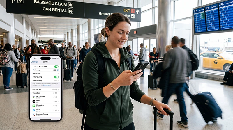 Traveler using a USA eSIM on an iPhone for mobile data, maps, travel apps, and internet in the United States.