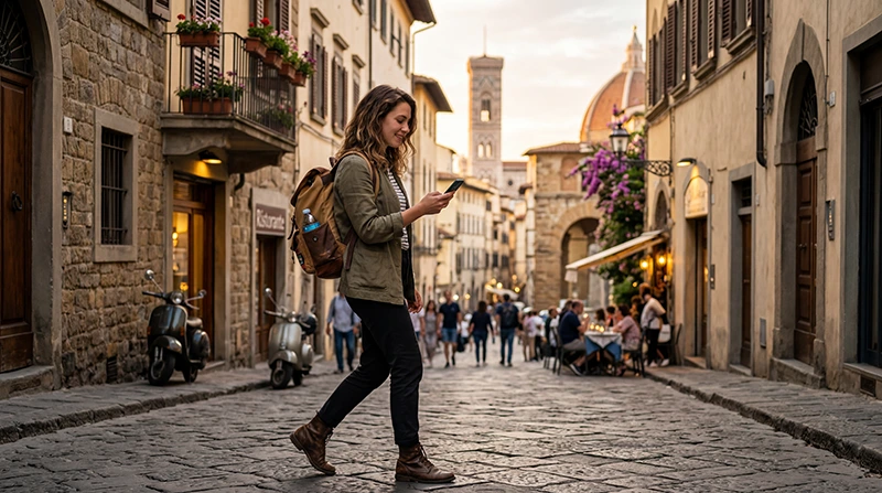 Traveler using Google Maps with mobile internet while traveling in Italy