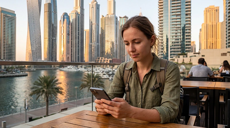 Traveler using WhatsApp in Dubai with smartphone near Dubai Marina and city skyline.