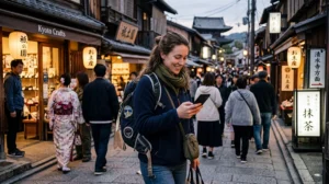 Traveler using WhatsApp and mobile internet while traveling in Japan.
