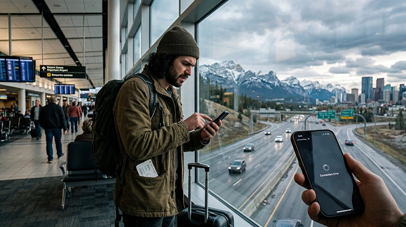 Traveler experiencing slow eSIM mobile internet connection in Canada using smartphone