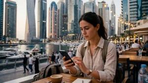 Traveler checking slow eSIM internet speed in Dubai on a smartphone near the city skyline.