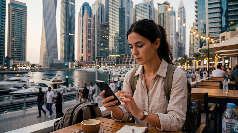 Traveler checking slow eSIM internet speed in Dubai on a smartphone near the city skyline.