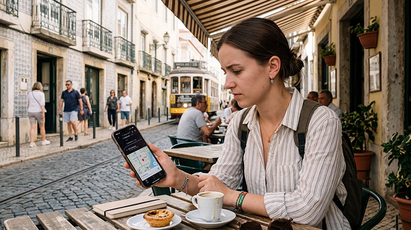 Traveler testing slow Portugal eSIM mobile internet connection on smartphone
