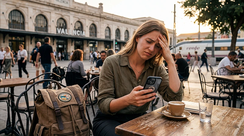 Traveler troubleshooting slow eSIM mobile internet connection in Spain