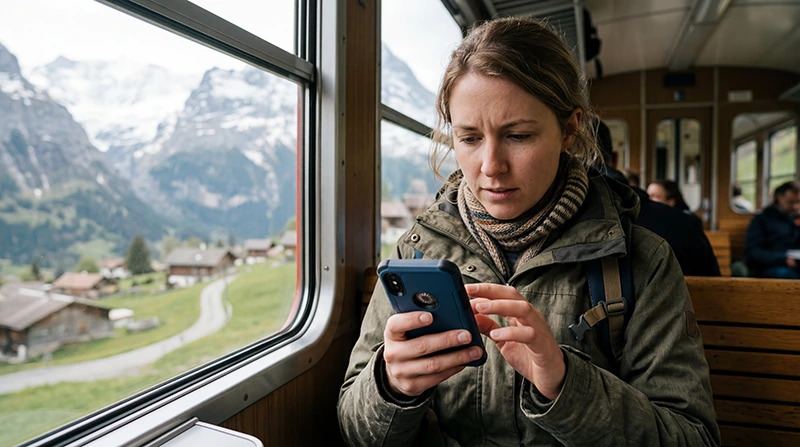 Traveler experiencing slow eSIM mobile internet in Switzerland.