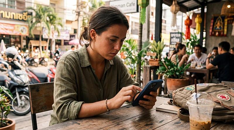 Traveler troubleshooting slow Thailand eSIM internet while using mobile data settings, maps, and travel apps on a smartphone.