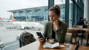 Traveler troubleshooting slow eSIM mobile internet in Turkey.