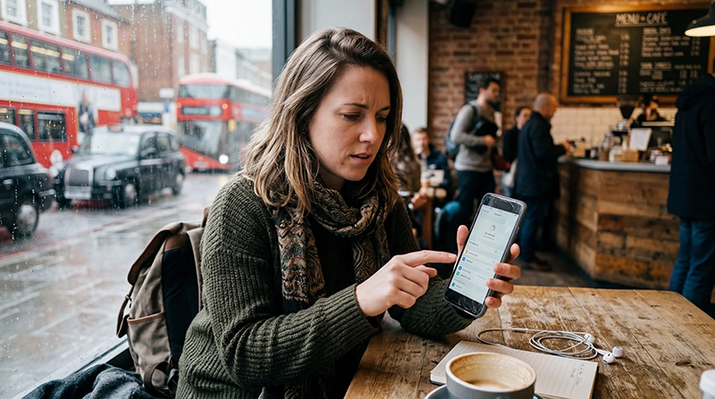 Traveler troubleshooting slow eSIM mobile internet speeds while traveling in the United Kingdom.