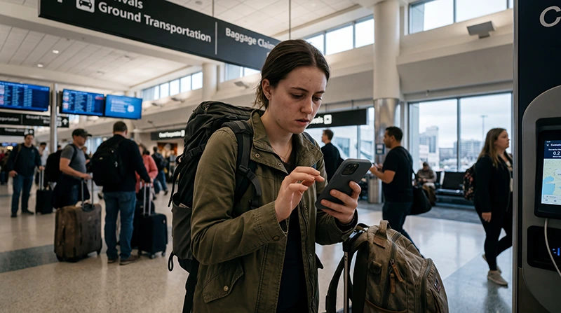 Traveler checking slow eSIM mobile data speed while using travel apps and navigation in the USA.