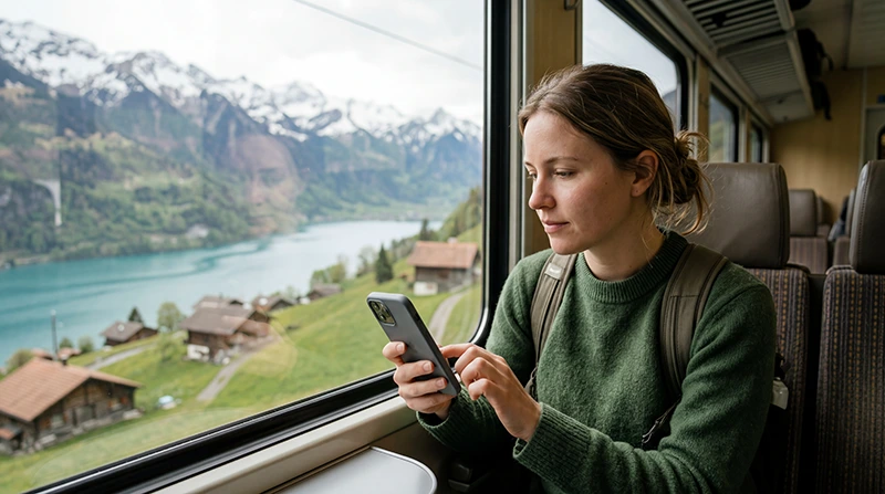 Traveler checking expensive roaming charges and mobile internet settings while traveling in Switzerland.