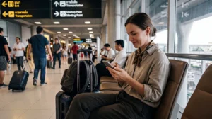Traveler using WiFi at Bangkok airport with a smartphone for maps, ride-hailing apps, hotel bookings, and Thailand travel internet access.