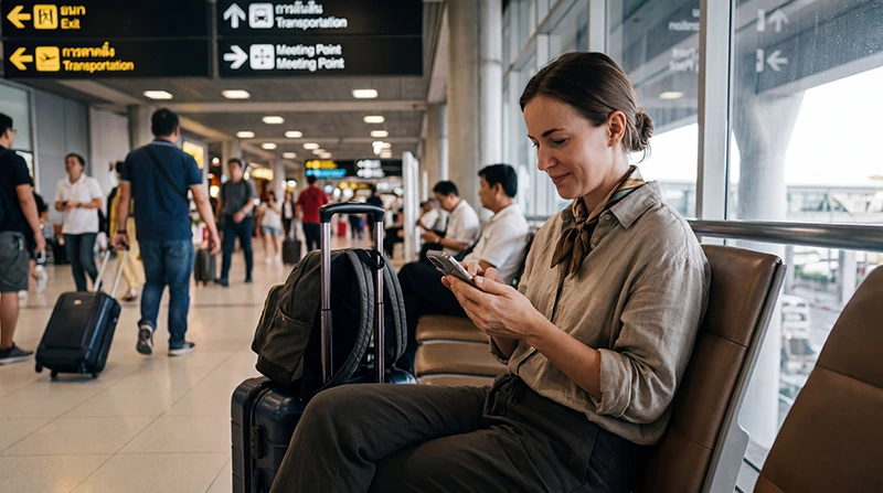 Traveler using WiFi at Bangkok airport with a smartphone for maps, ride-hailing apps, hotel bookings, and Thailand travel internet access.