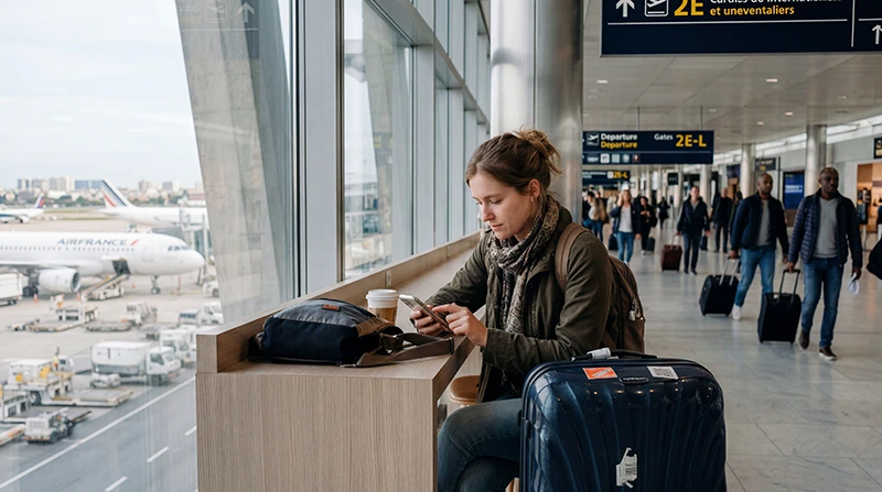 Traveler using WiFi and France eSIM at Charles de Gaulle Airport after landing in Paris