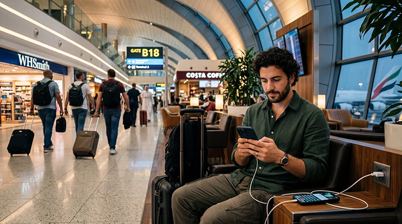 Traveler using free WiFi at Dubai Airport with a smartphone and laptop near the departure gates.