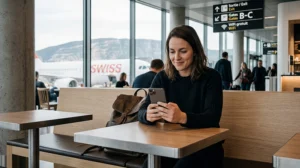 Traveler using airport WiFi and mobile internet at Geneva Airport in Switzerland.