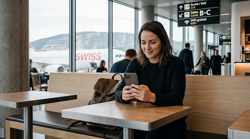 Traveler using airport WiFi and mobile internet at Geneva Airport in Switzerland.