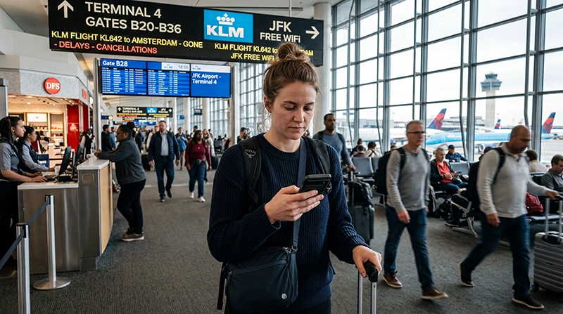 Traveler using airport WiFi and mobile internet at JFK Airport in New York.