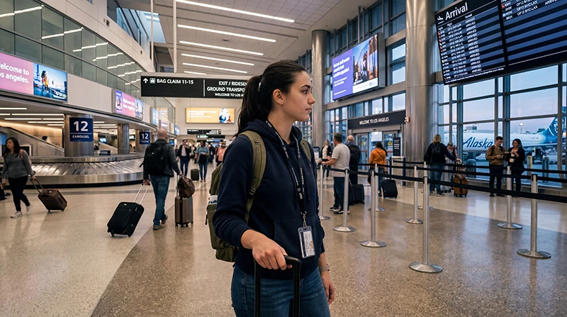 Traveler using airport WiFi and mobile internet at LAX Airport in Los Angeles.
