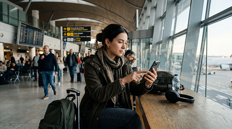 Traveler using WiFi and eSIM internet at Lisbon Airport