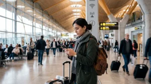 Traveler using WiFi and eSIM internet at Madrid Airport