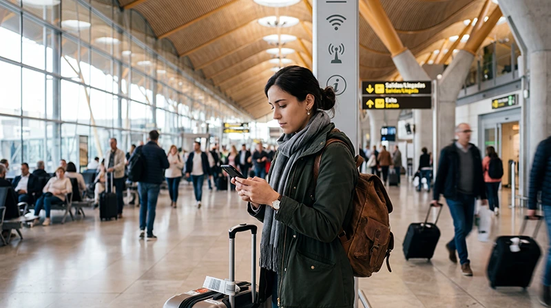 Traveler using WiFi and eSIM internet at Madrid Airport