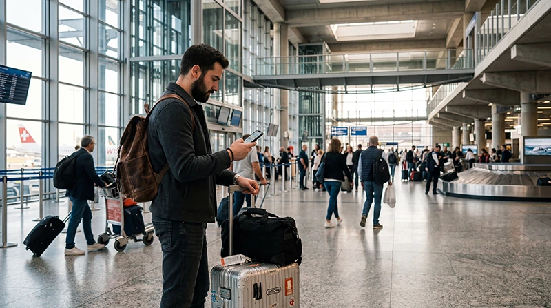 Traveler using WiFi and mobile internet at Milan Airport after arriving in Italy