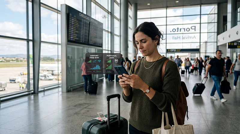 Traveler using WiFi and eSIM internet at Porto Airport