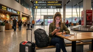 Traveler using airport WiFi and mobile internet at Tirana International Airport in Albania.