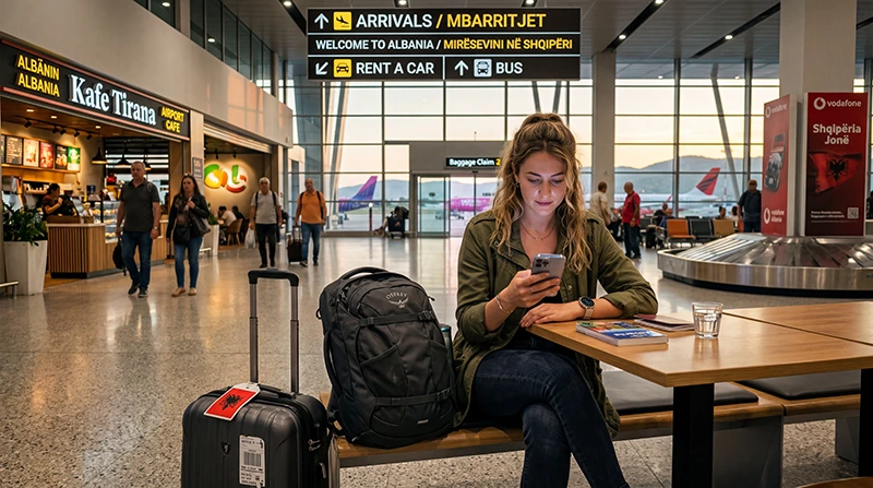 Traveler using airport WiFi and mobile internet at Tirana International Airport in Albania.