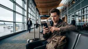 Traveler using airport WiFi and mobile internet at Vancouver International Airport.