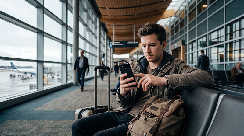 Traveler using airport WiFi and mobile internet at Vancouver International Airport.