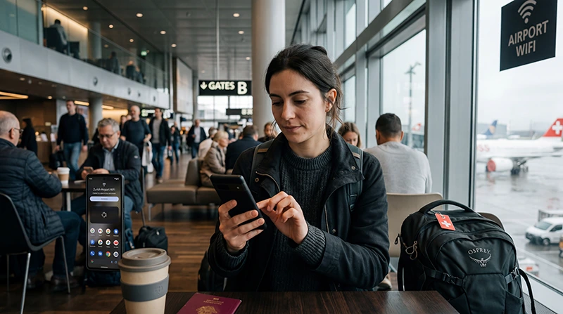 Traveler using airport WiFi and mobile internet at Zurich Airport in Switzerland.