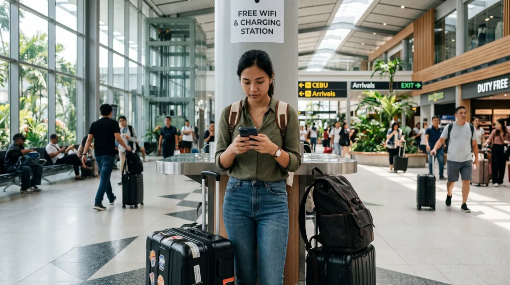Traveler connecting to free WiFi at Cebu Airport arrival terminal in the Philippines