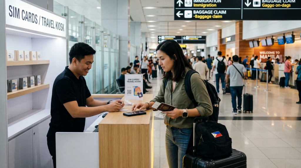 Tourist buying a SIM card at Manila Airport arrival terminal in the Philippines