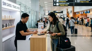 Tourist buying a SIM card at Manila Airport arrival terminal in the Philippines