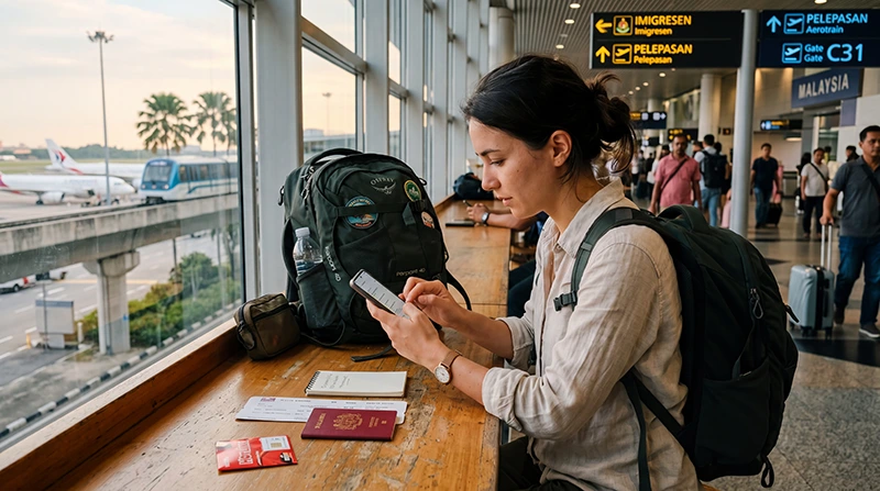 Traveler configuring APN settings for an eSIM in Malaysia