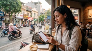 Traveler configuring APN settings for an eSIM in Vietnam