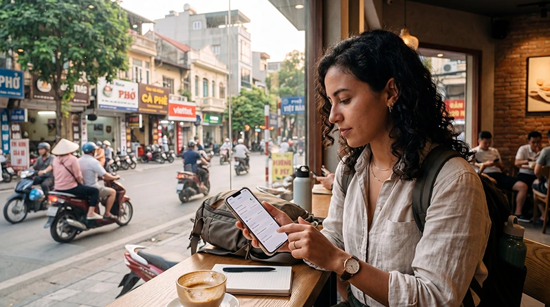 Traveler configuring APN settings for an eSIM in Vietnam