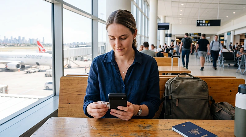 Traveler activating an Australia eSIM on an Android phone before traveling