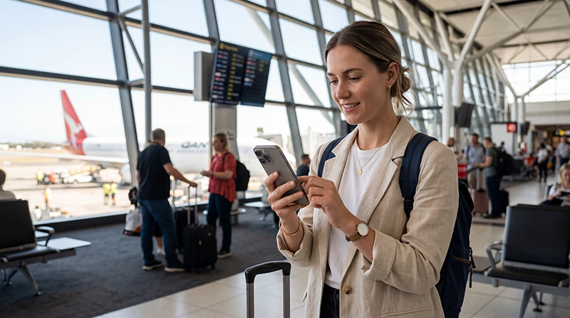 Traveler activating an Australia eSIM on an iPhone before traveling to Australia