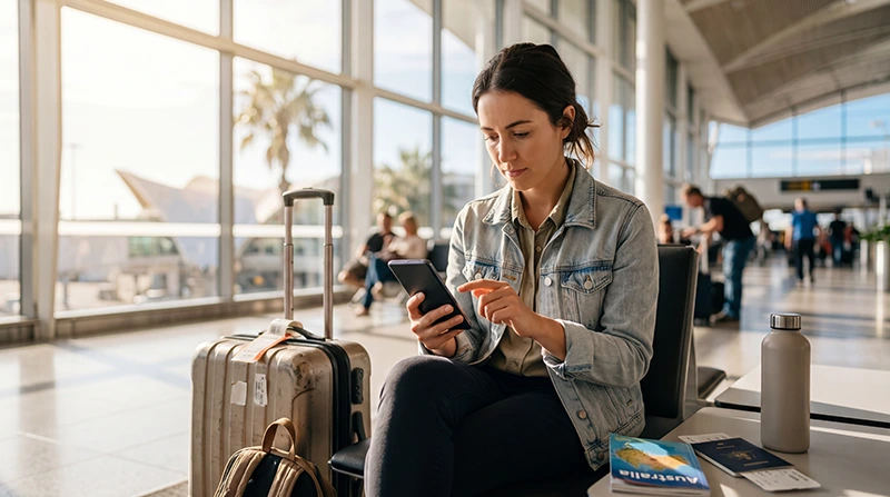 Traveler choosing the best mobile data plan for Australia on a smartphone