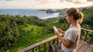Traveler using a smartphone with a mobile data plan while exploring Bali Indonesia