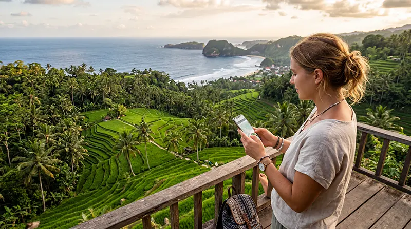 Traveler using a smartphone with a mobile data plan while exploring Bali Indonesia