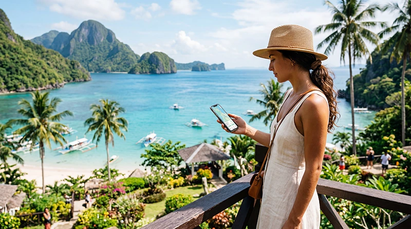 Traveler using a smartphone with a Philippines data plan while exploring tropical destinations