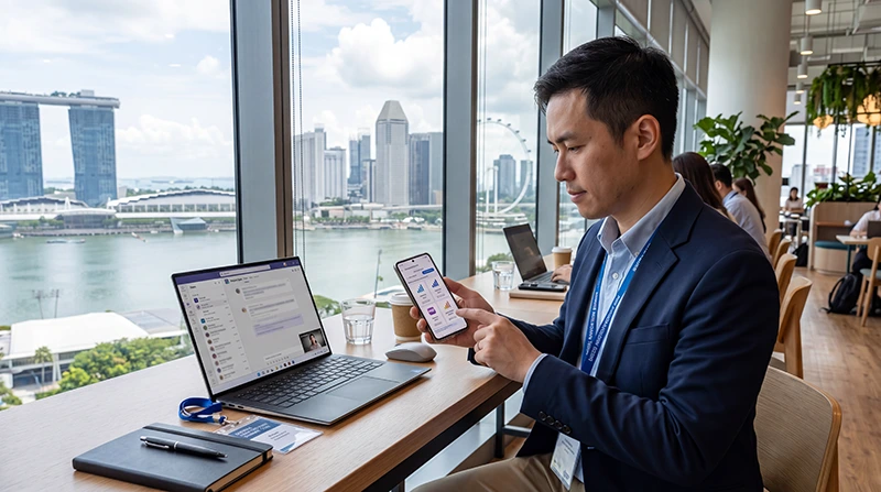 Business traveler choosing the best data plan in Singapore for meetings, hotspot and work apps