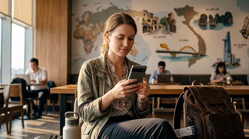 Traveler comparing mobile data plans for Vietnam while planning a trip