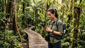 Traveler using an eSIM while exploring the rainforests and natural attractions of Malaysian Borneo