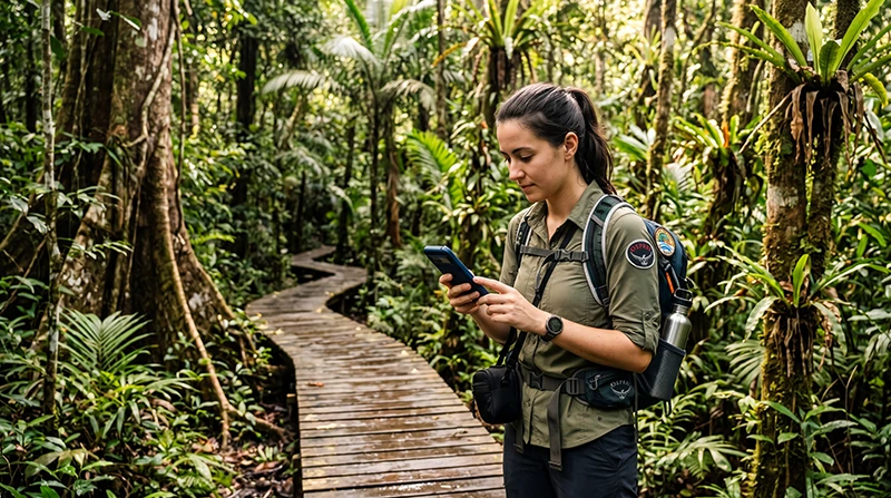Traveler using an eSIM while exploring the rainforests and natural attractions of Malaysian Borneo