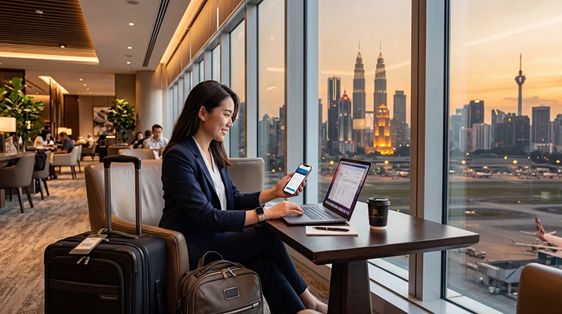 Business traveler using an eSIM and mobile internet while traveling in Malaysia